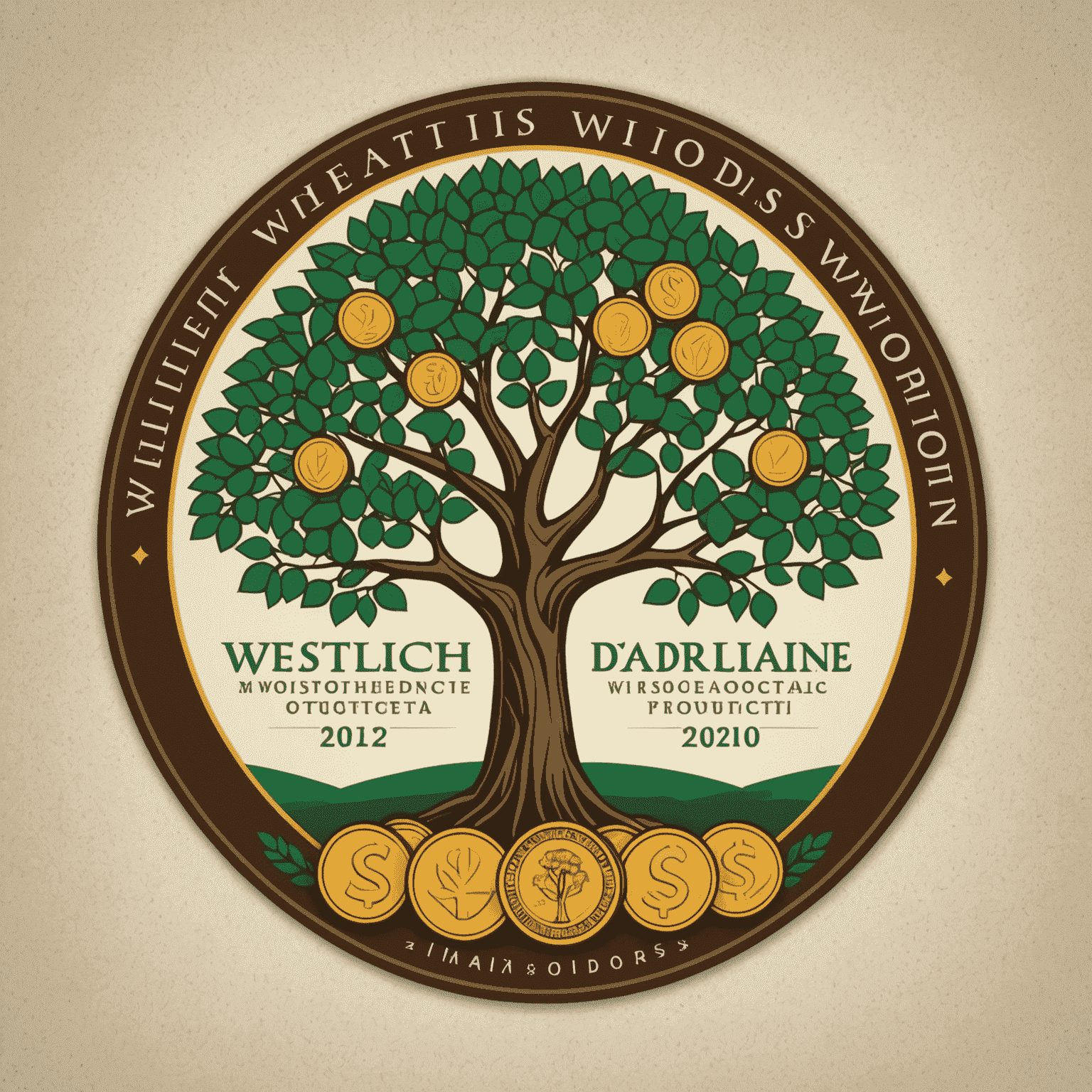 WealthWisdom logo featuring a stylized African acacia tree with coins as leaves, symbolizing growth and prosperity