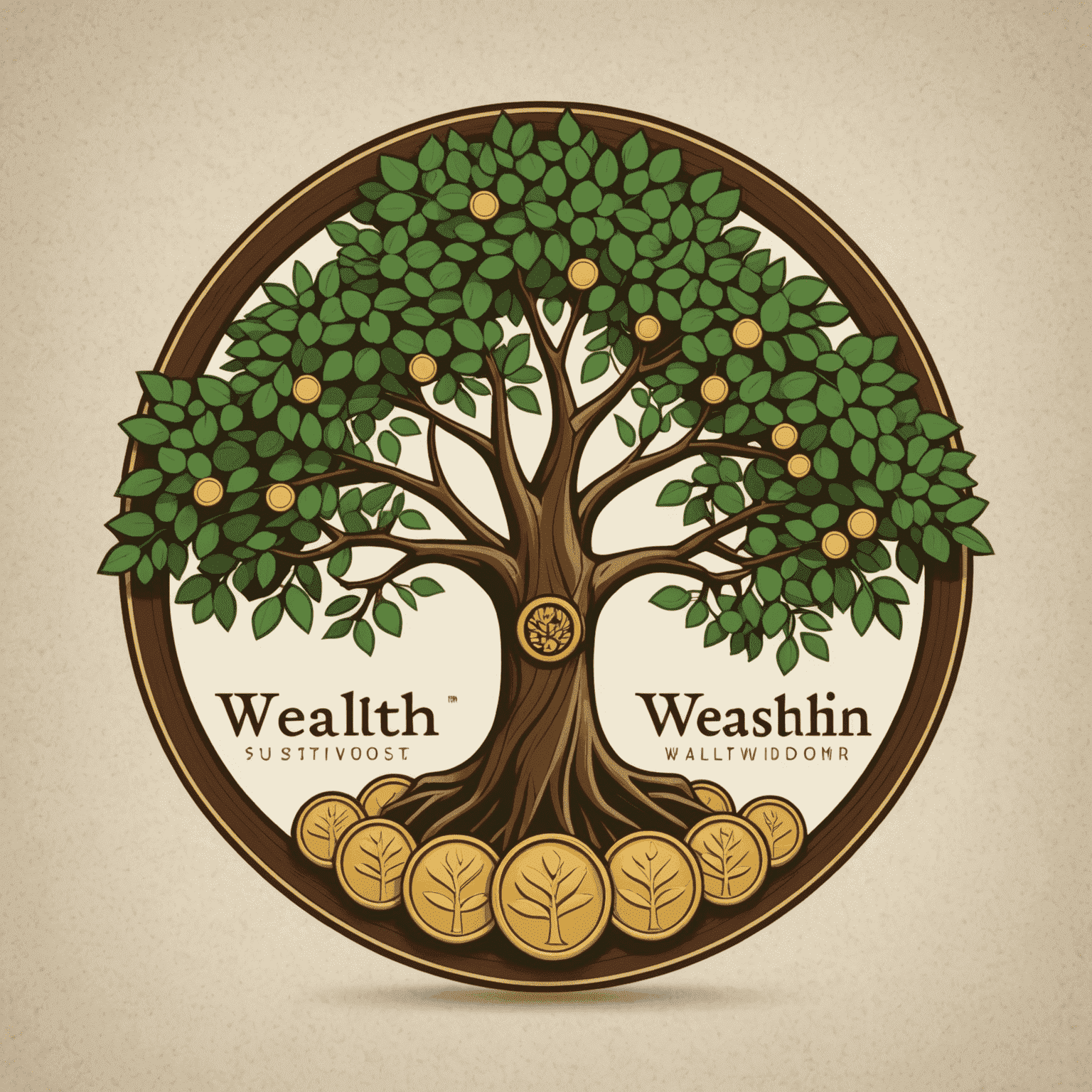 WealthWisdom logo featuring a stylized African acacia tree with coins as leaves, symbolizing growth and prosperity