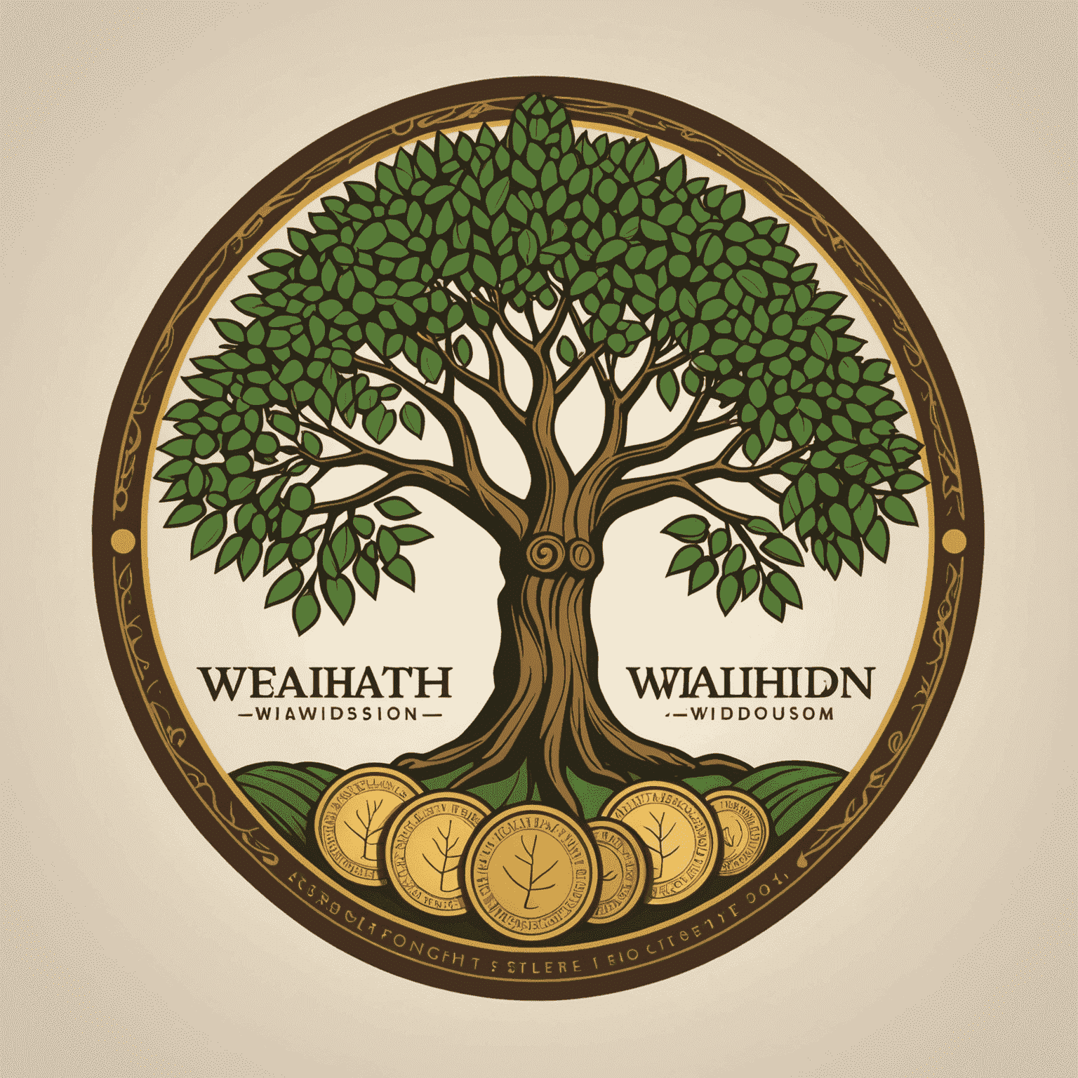 WealthWisdom logo featuring a stylized African acacia tree with coins as leaves, symbolizing growth and prosperity