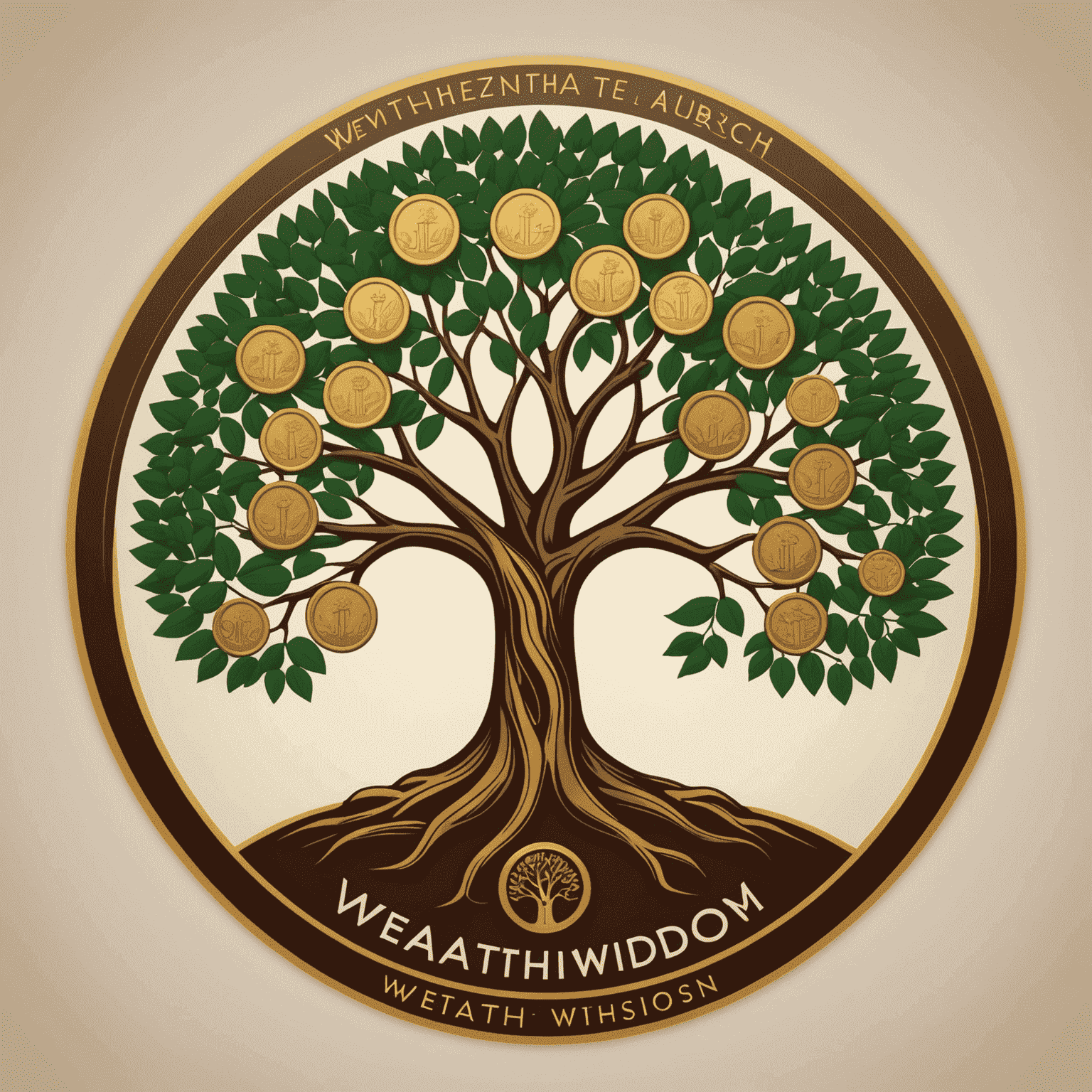 WealthWisdom logo featuring a stylized African acacia tree with coins as leaves, symbolizing growth and prosperity