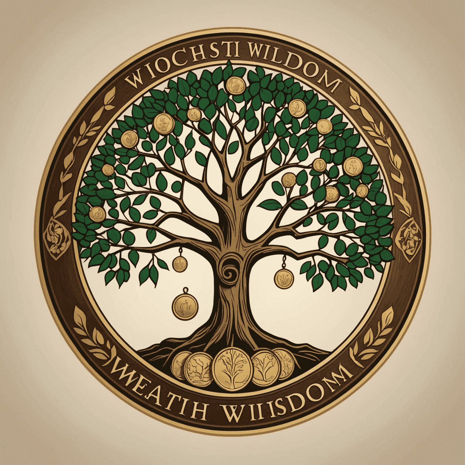 WealthWisdom logo featuring a stylized African acacia tree with coins as leaves, symbolizing growth and prosperity