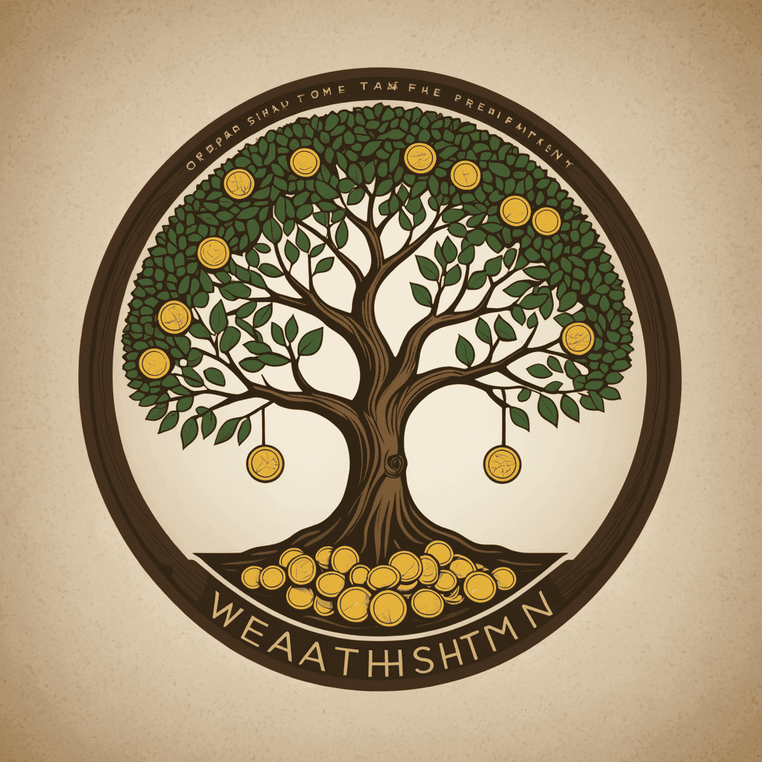 WealthWisdom logo featuring a stylized African acacia tree with coins as leaves, symbolizing growth and prosperity