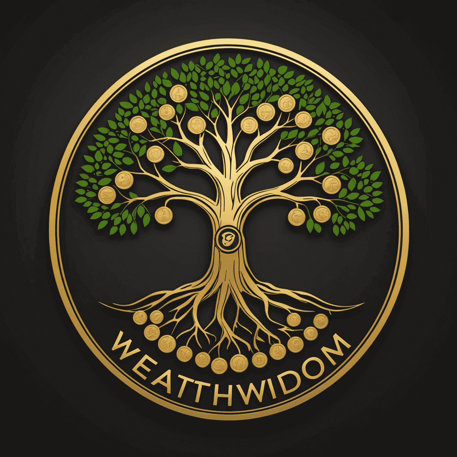 WealthWisdom logo featuring a stylized African acacia tree with coins as leaves, symbolizing growth and prosperity