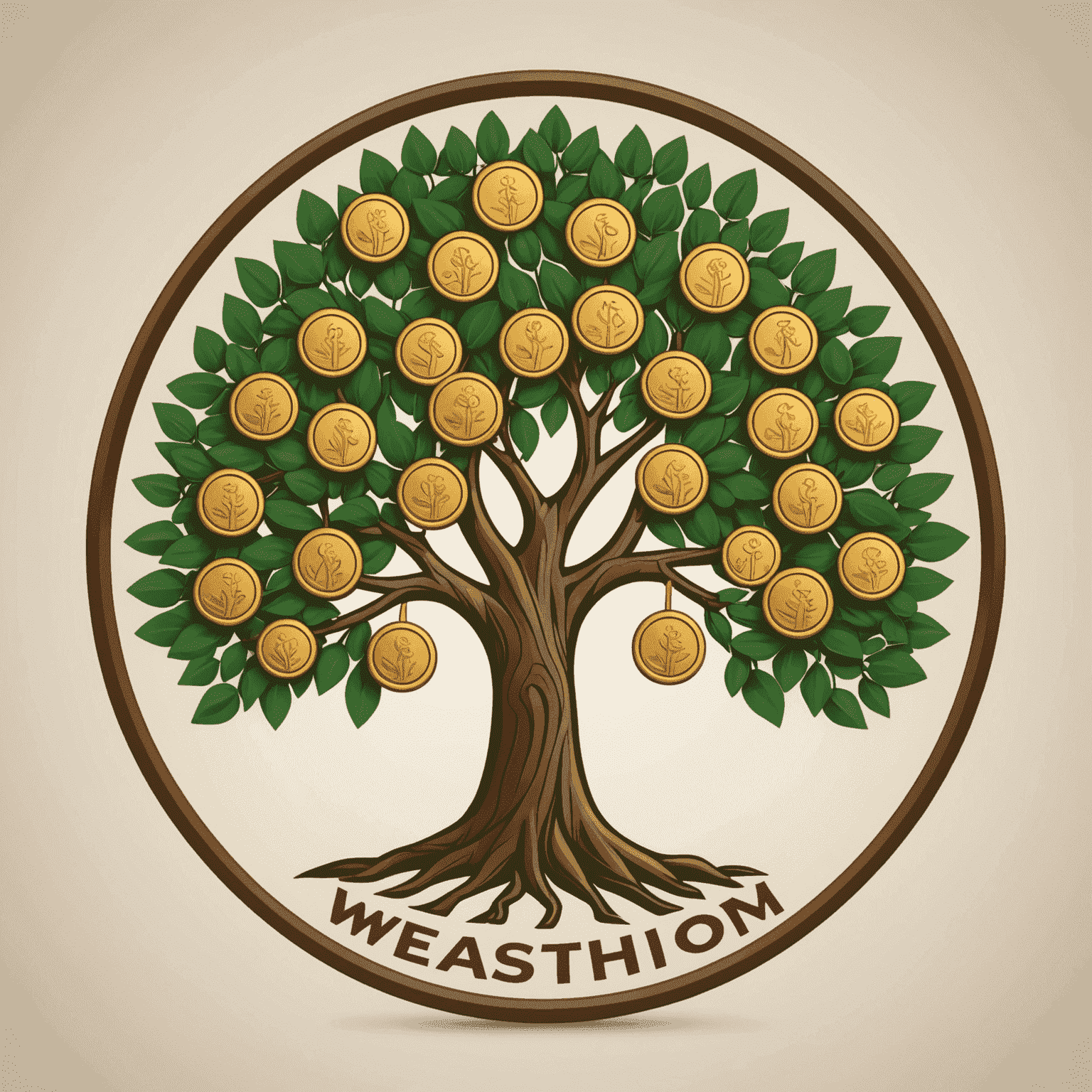 WealthWisdom logo featuring a stylized African acacia tree with coins as leaves, symbolizing growth and prosperity