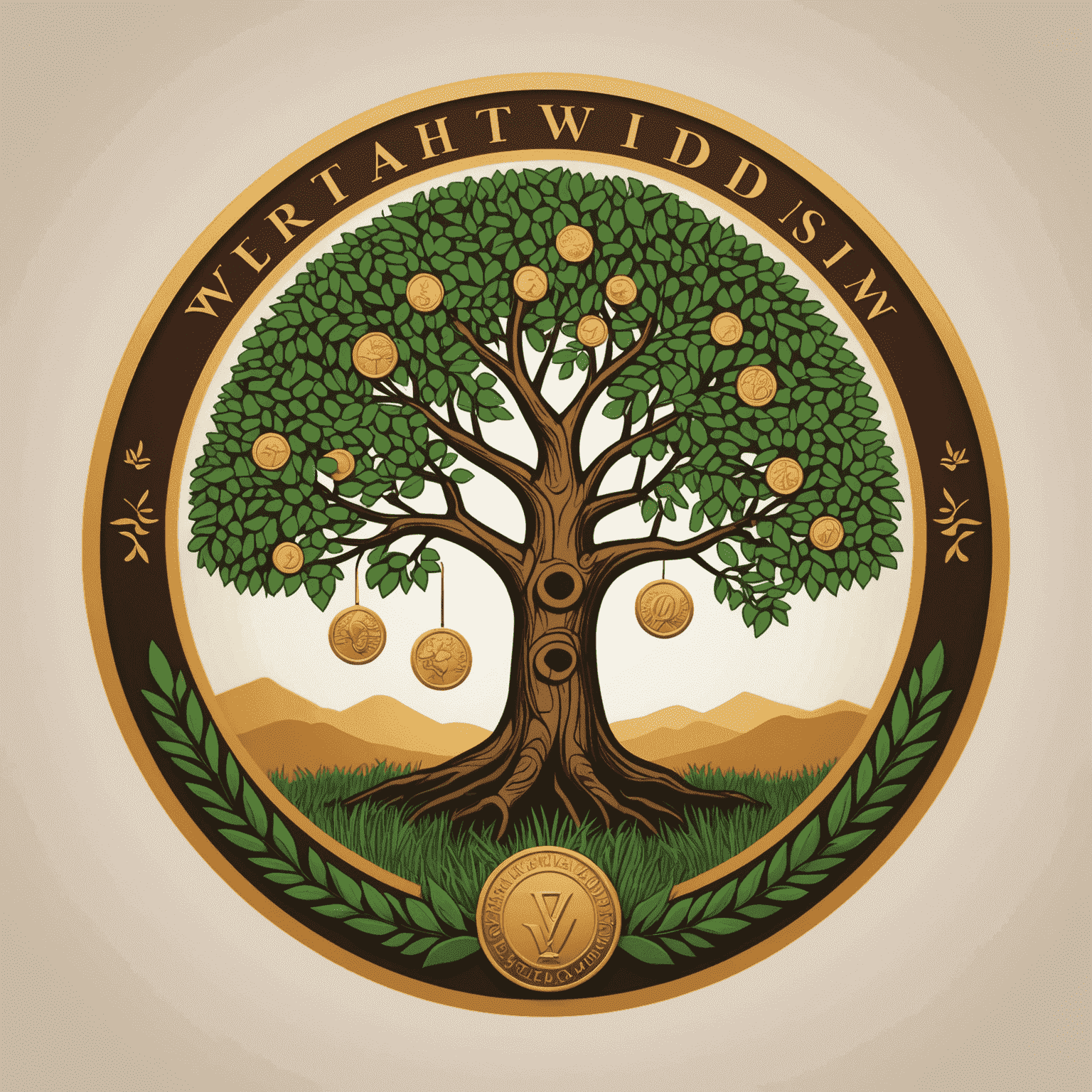 WealthWisdom logo featuring a stylized African acacia tree with coins as leaves, symbolizing growth and prosperity