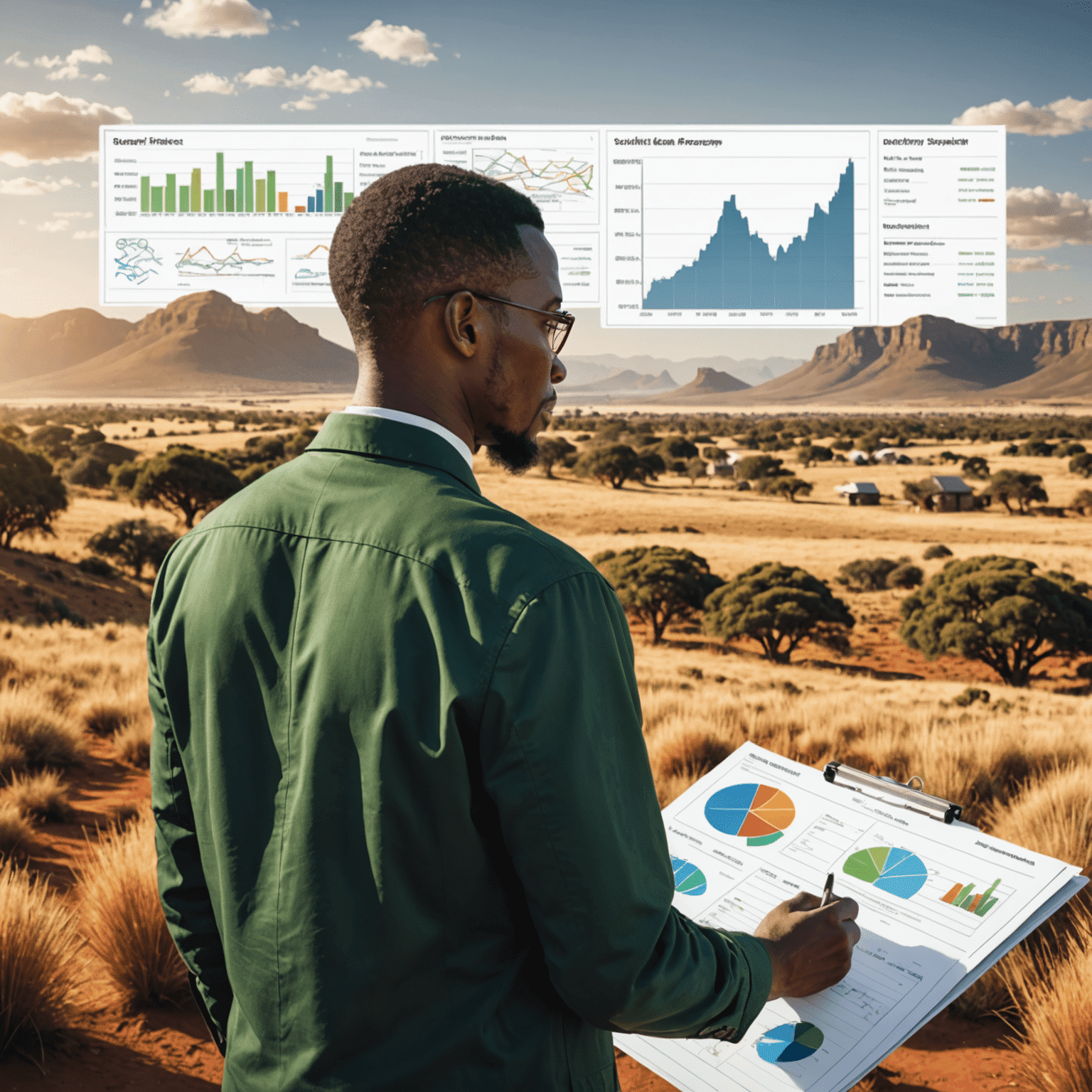 South African landscape with a person looking at financial charts, symbolizing growth and prosperity