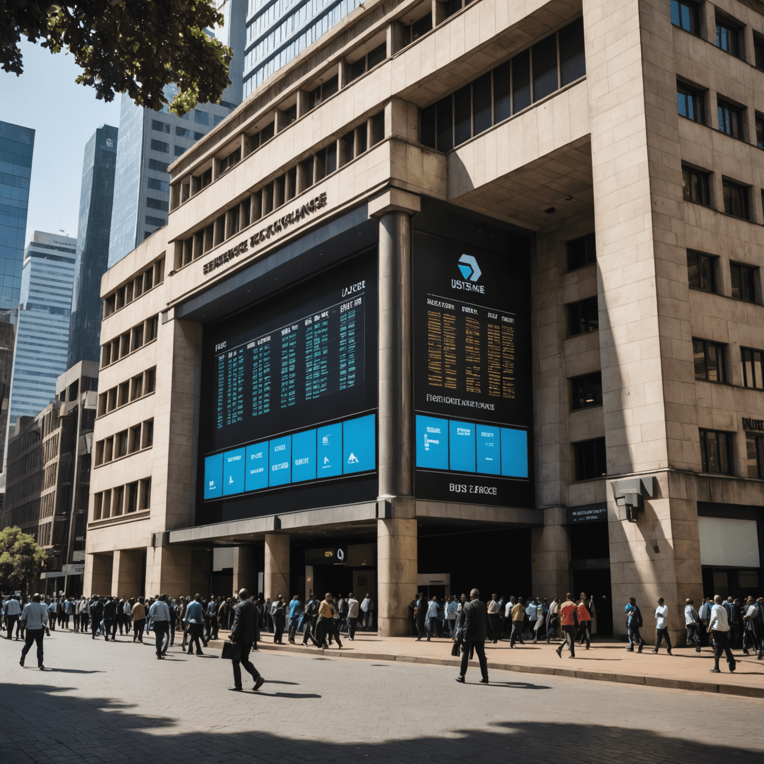 Johannesburg Stock Exchange building with bustling traders and digital displays showing market data