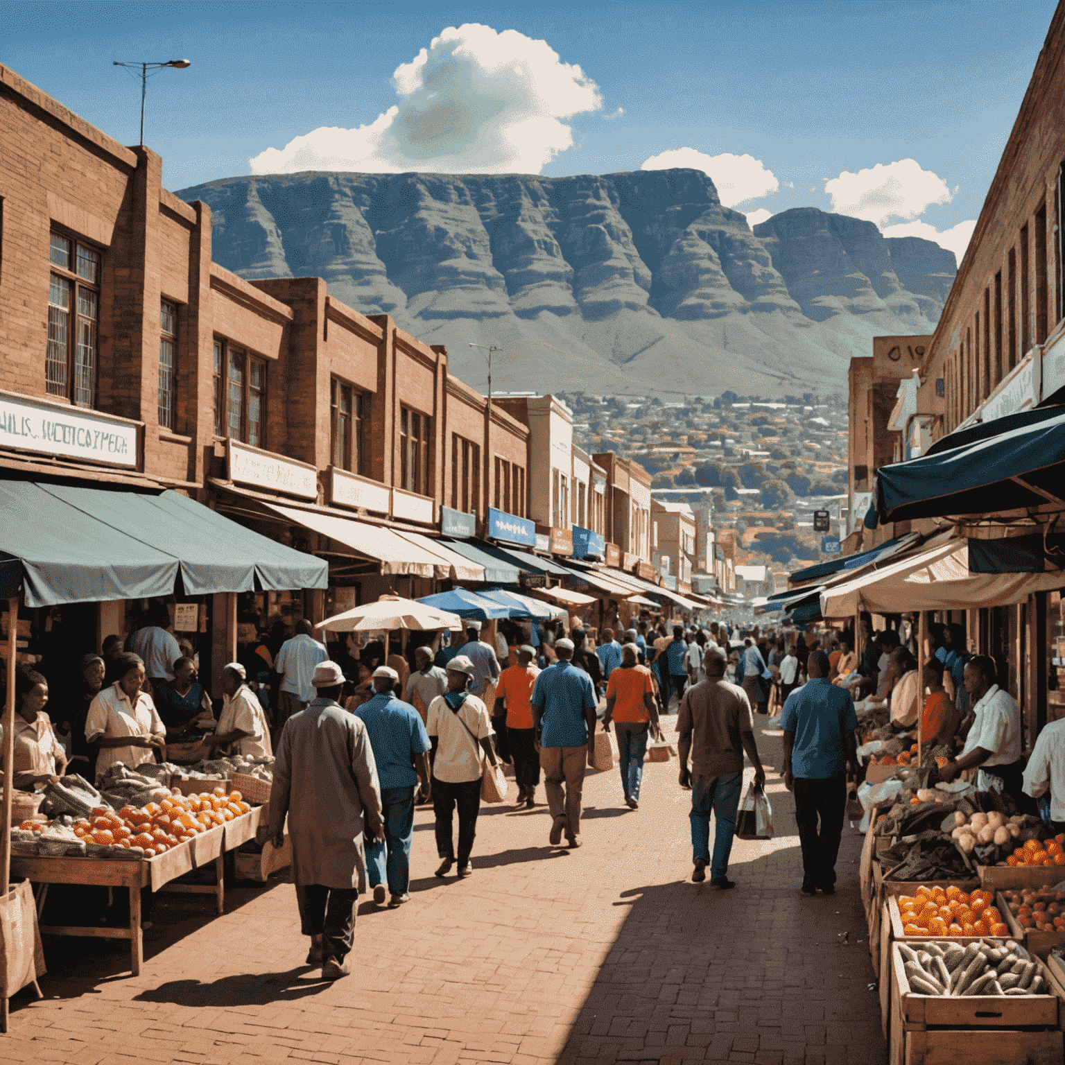 South African cityscape with people shopping at a local market, symbolizing budget-friendly living