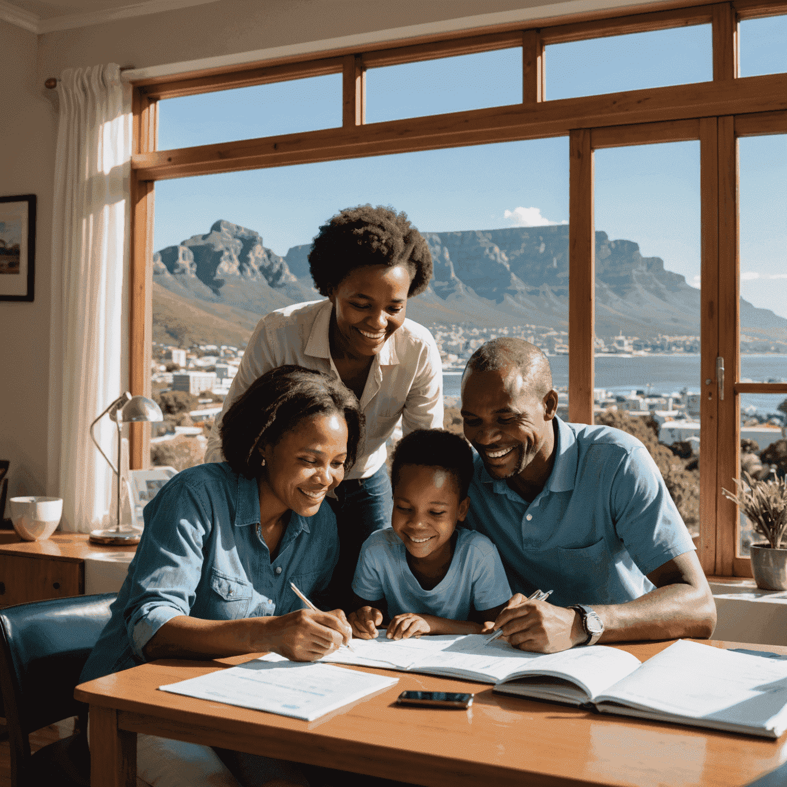 A South African family happily planning their budget together, with Table Mountain visible through a window in the background