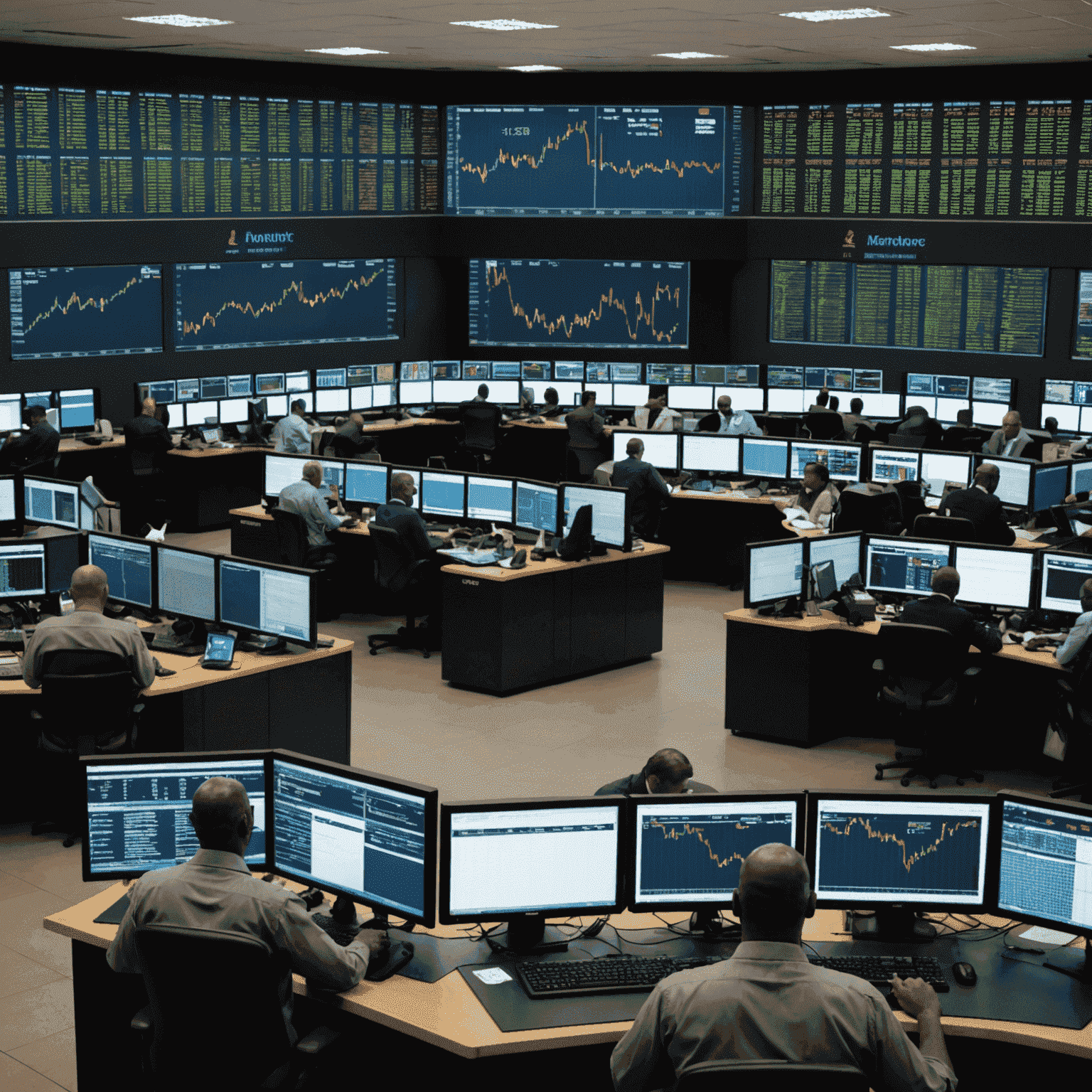 Bustling stock market trading floor in Johannesburg, with traders looking at multiple screens displaying financial data and stock charts