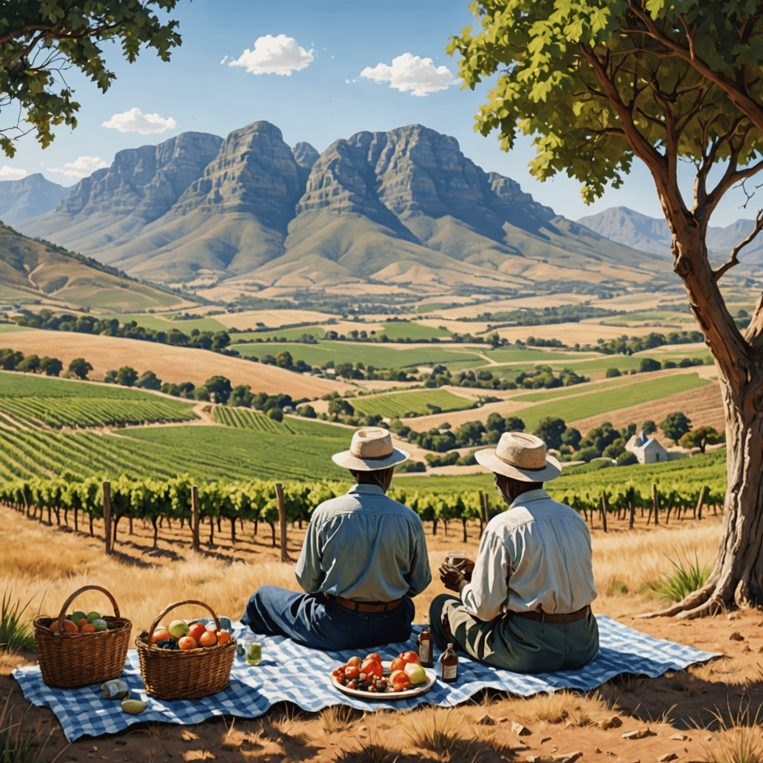 Serene South African landscape with a retired couple enjoying a picnic, overlooking vineyards and mountains