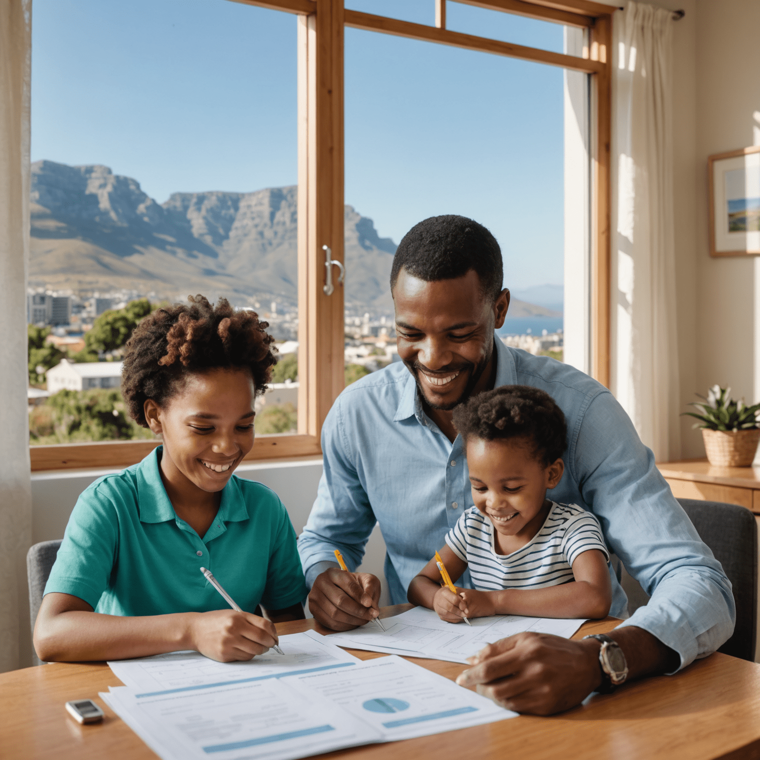 A South African family happily reviewing their tax-efficient savings plan, with Table Mountain visible through a window in the background