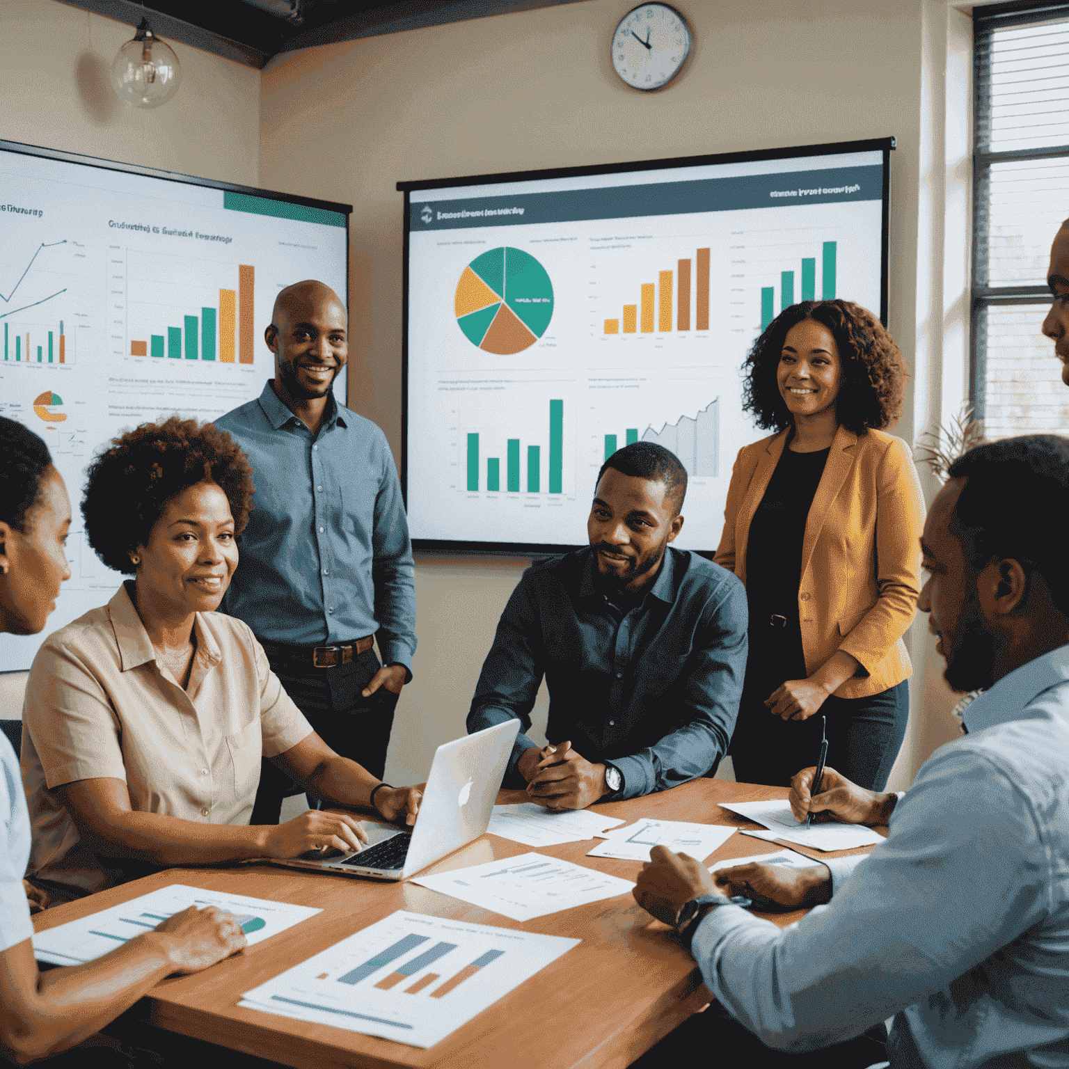 A diverse group of South Africans attending a financial literacy workshop, with charts and graphs displayed on a screen behind them