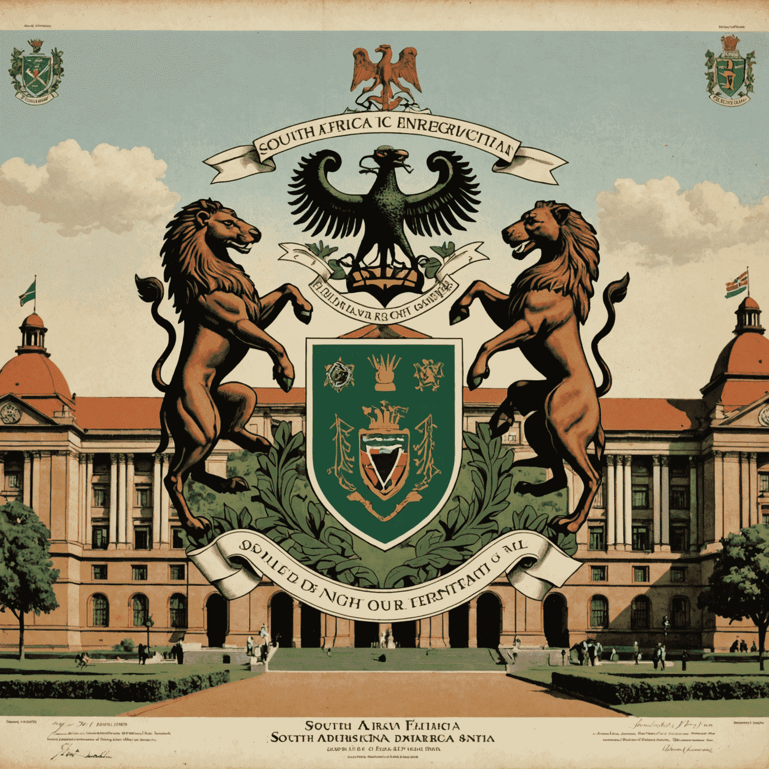 South African government bonds certificates with the national coat of arms, displayed against a backdrop of the Union Buildings in Pretoria