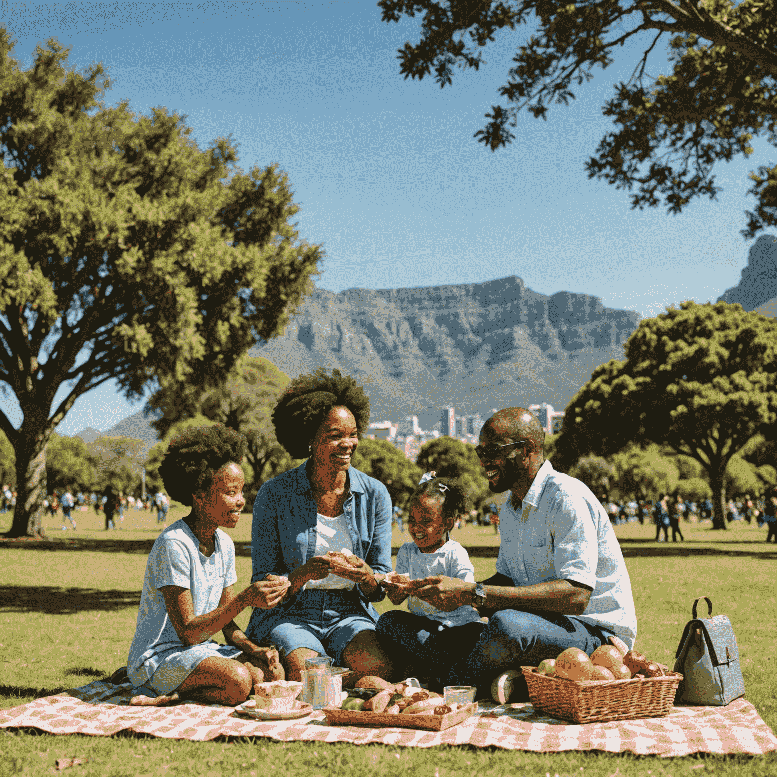 South African family enjoying a picnic in a public park with Table Mountain in the background