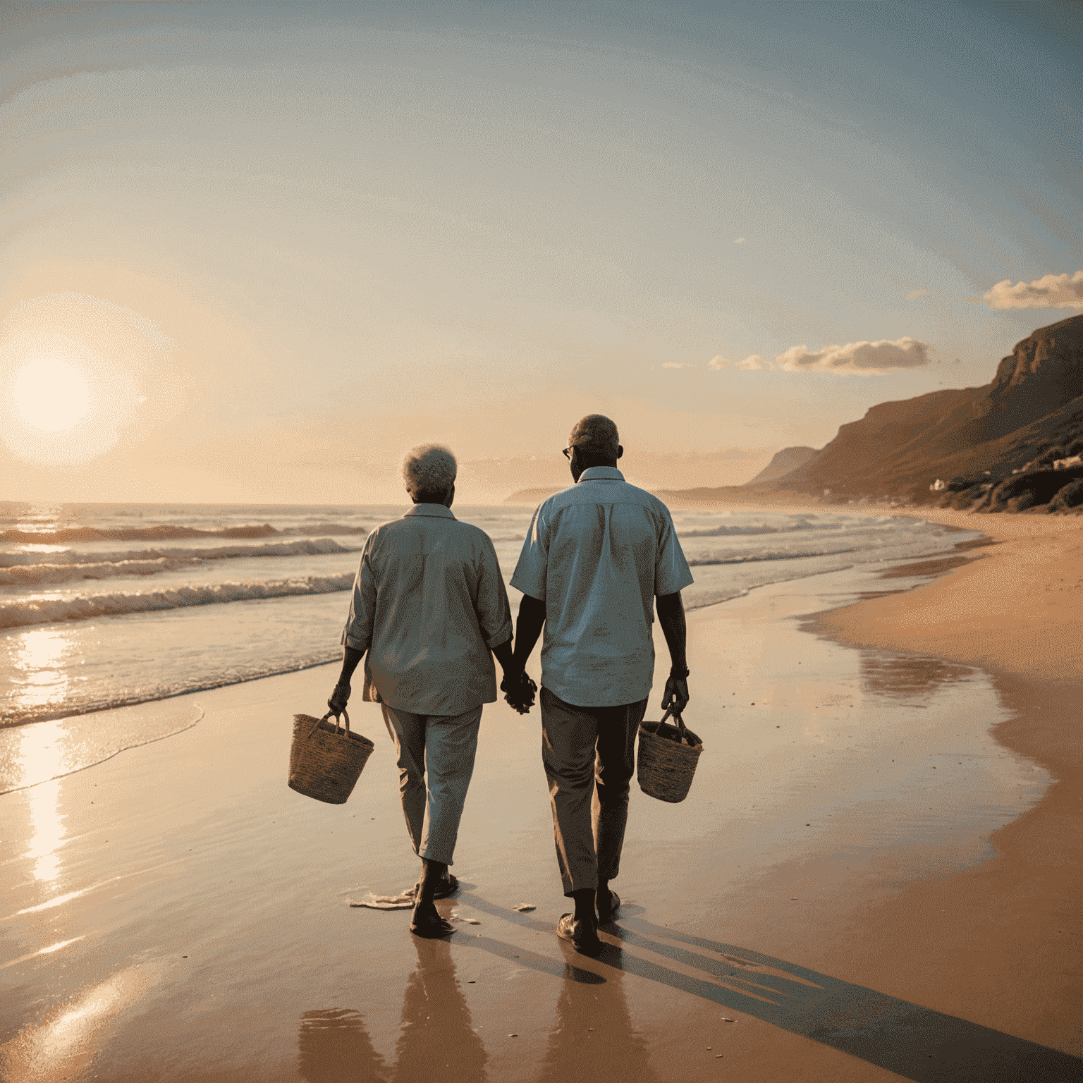 Happy retired South African couple walking on a beach at sunset, symbolizing financial freedom and a well-planned retirement