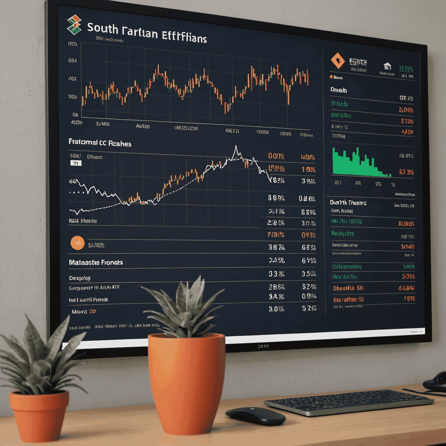 Digital display showing various South African ETF symbols and their performance, with a graph showing upward trends