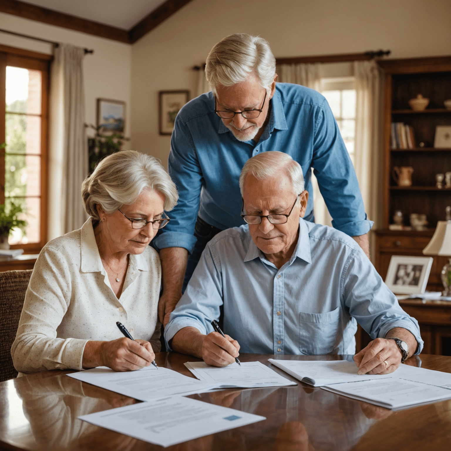 Senior couple reviewing retirement annuity documents with a financial advisor, set in a comfortable South African home